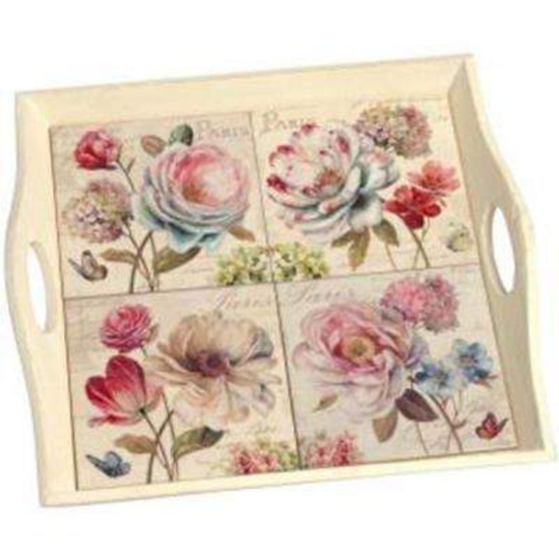 Ceramic Tile Flower Tray by Transomnia. Tray made with 4 ceramic tiles with a wooden surround and handles. Vintage floral design of old garden roses. Would make a pretty gift for a gardener. 37x34x7.5cm